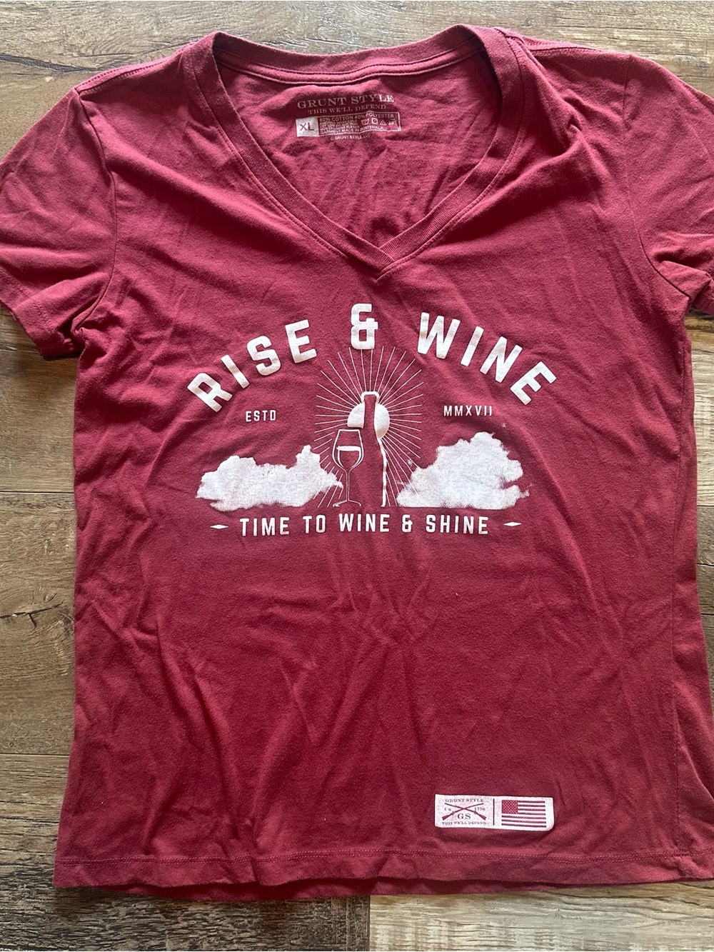 Grunt Style Women's Rise & Wine V-Neck Tee - Wine Red with White Print